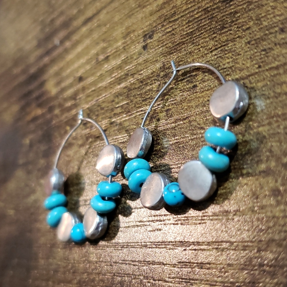 Hoop earrings, boho, hoops, teal silver, fun fall